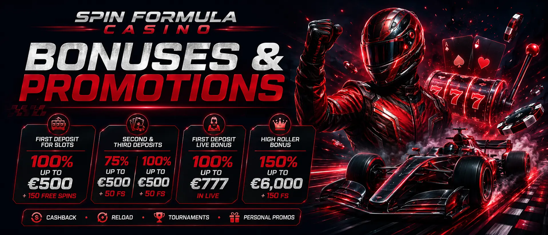 Spinformula Casino — template welcome offer of 100% up to £500 plus 150 Free Spins